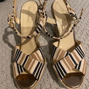Cole Haan tan sandals with straw wedge